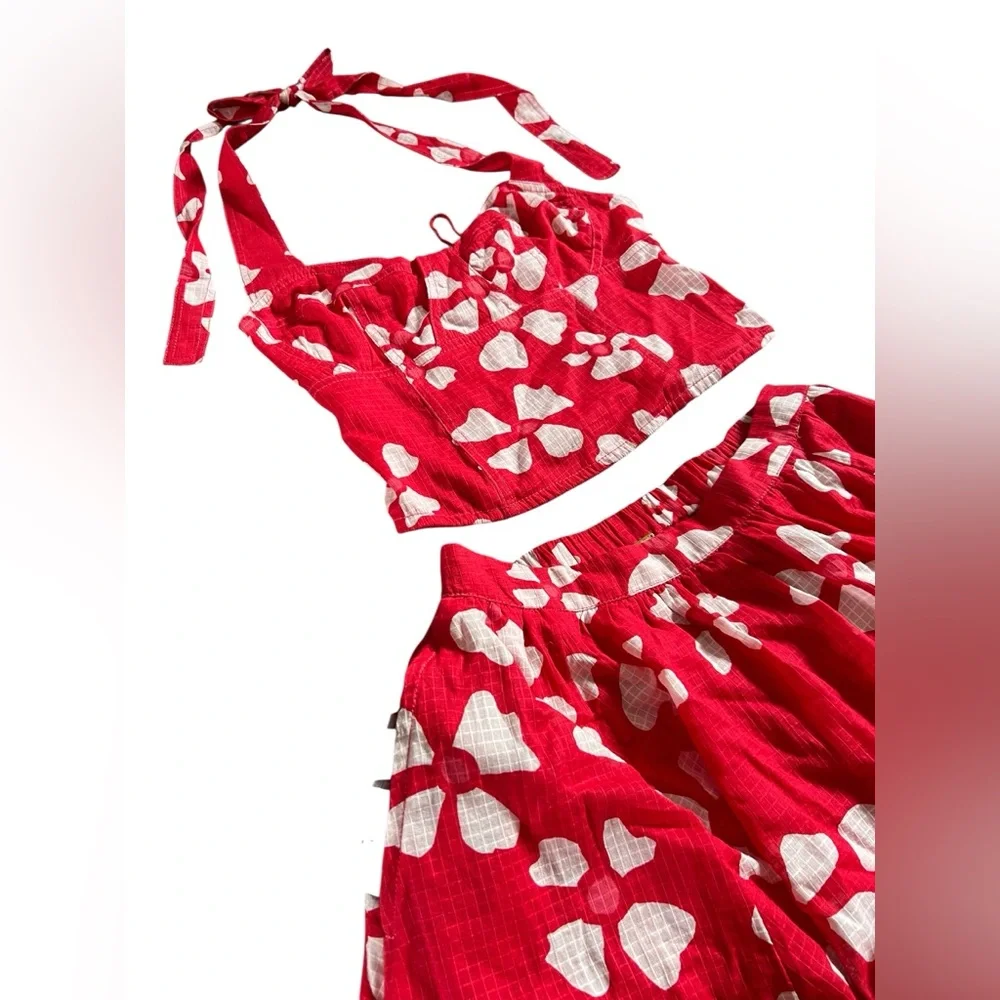 NWOT Free People Keepsake Red Poppy Combo Set Skirt/ Halter Top - Picture 11 of 15